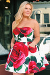Strapless Floral Print White Homecoming Dress with Pockets