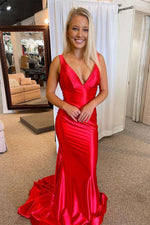 Simple V-Neck Mermaid Red Long Prom Dress