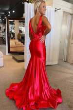 Simple V-Neck Mermaid Red Long Prom Dress