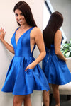 V-Neck Royal Blue Short Homecoming Dress with Pockets