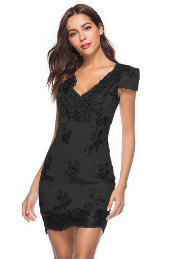 Cap Sleeves Hollow Out Sheath Black Party Dress