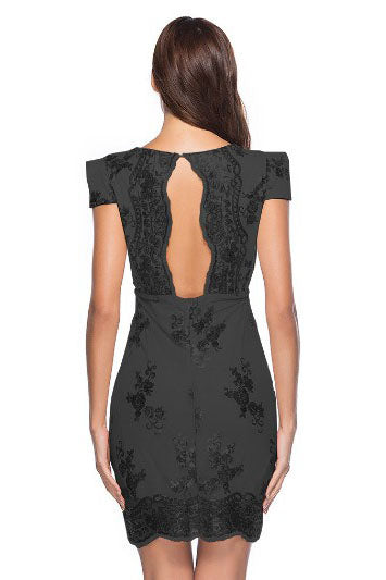 Cap Sleeves Hollow Out Sheath Black Party Dress