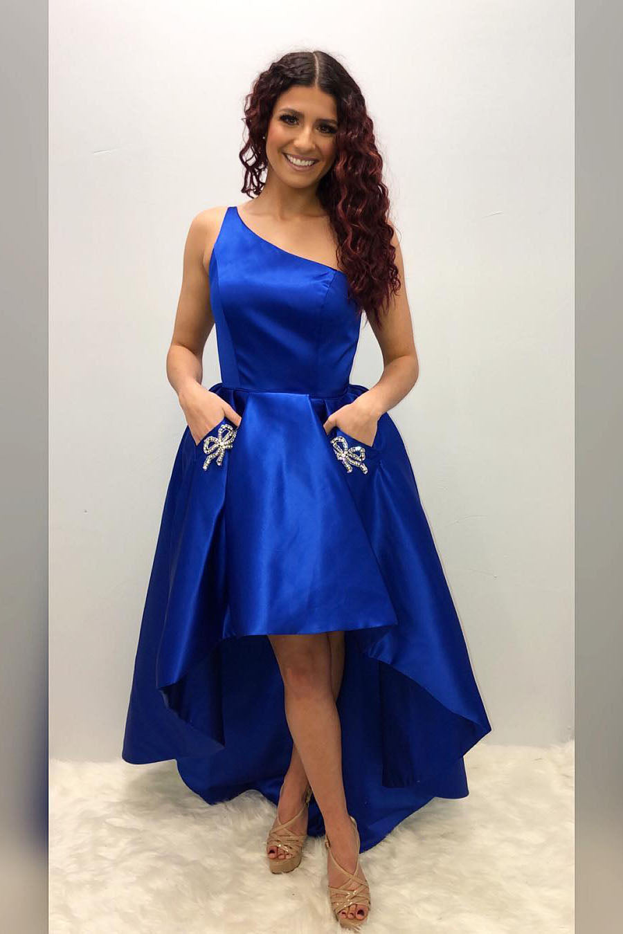 One Shoulder Asymmetrical Royal Blue Homecoming Dress with Pockets FancyVestido One Shoulder Asymmetrical Royal Blue Homecoming Dress with Pockets FancyVestido