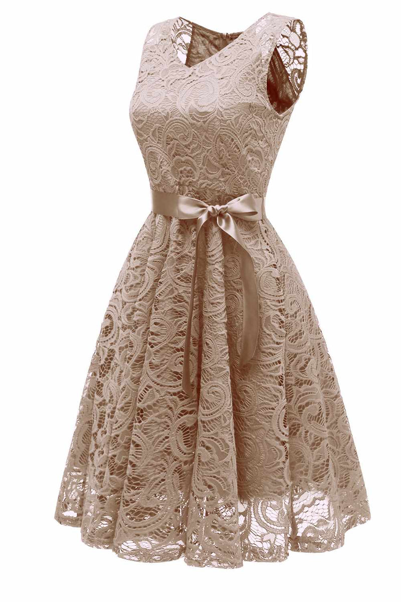 V-Neck Champagne Lace Short Party Dress