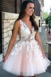 V-Neck Appliques Tulle Pink Homecoming Dress