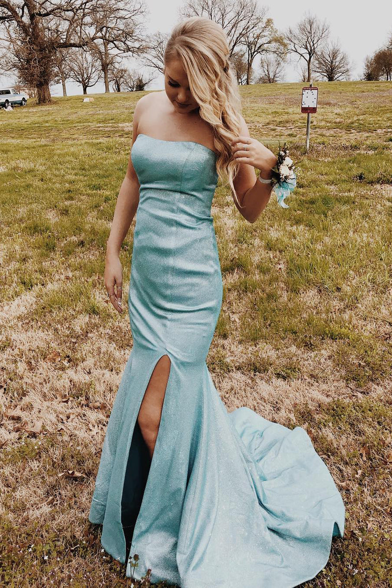 Strapless Mermaid Fitted Long Ice Blue Prom Dress with Slit