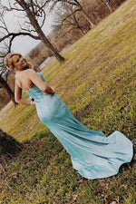 Strapless Mermaid Fitted Long Ice Blue Prom Dress with Slit