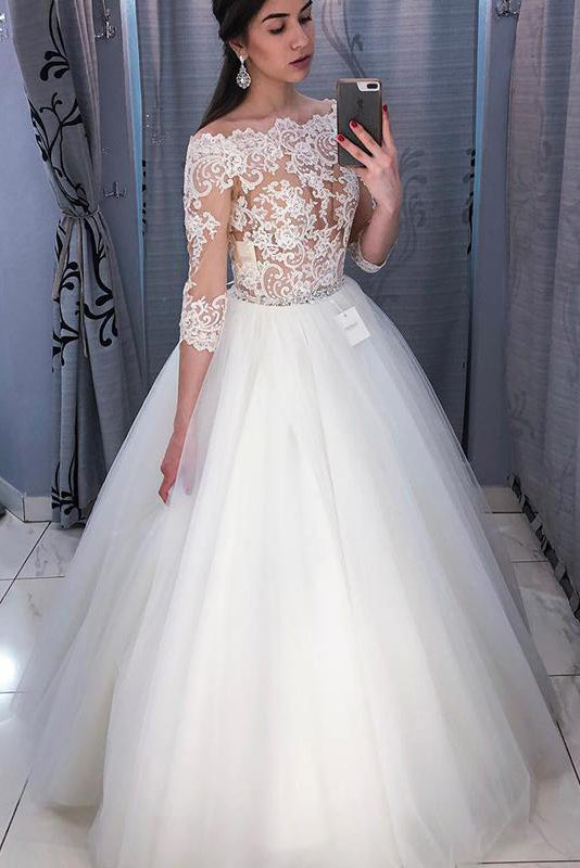 3 4 sleeve off the shoulder lace wedding dress Long 3/4 Sleeves A-line Off Shoulder White Bridal Dress with Lace –  FancyVestido