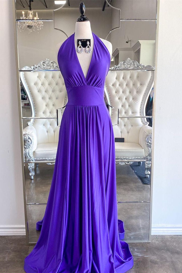 Elegant A-Line Halter Purple Long Prom Dress