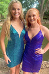 Deep V-Neck Tight Purple Sequins Homecoming Dress