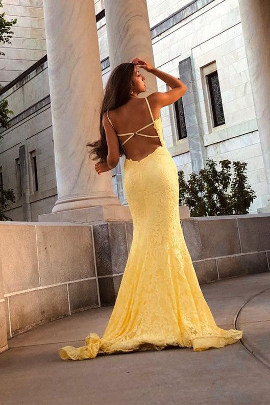 Mermaid Plunging Neck Yellow Lace Prom Dress with Slit