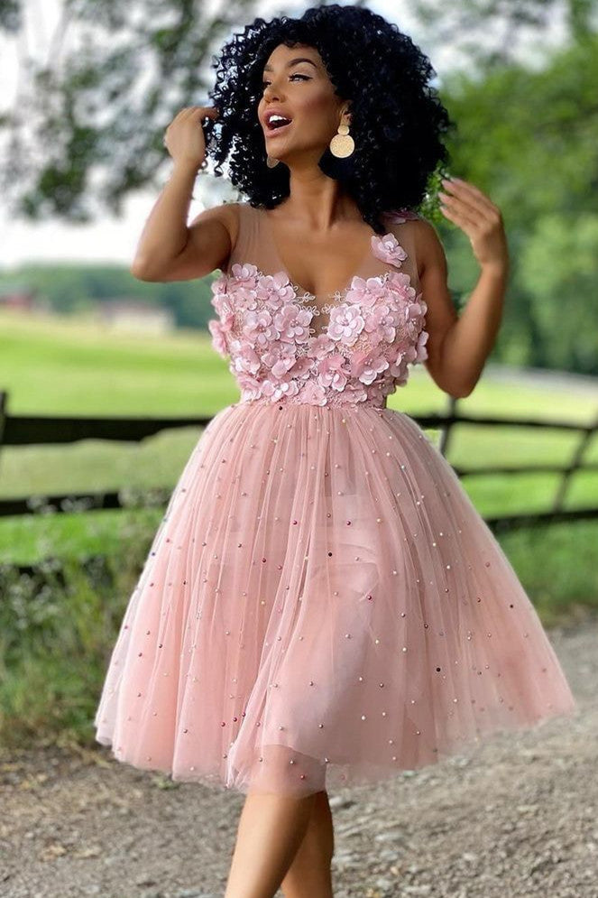Princess A-Line Pink Beaded Homecoming Dress with Flowers FancyVestido Princess A-Line Pink Beaded Homecoming Dress with Flowers FancyVestido