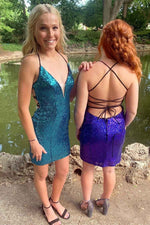 Deep V-Neck Tight Purple Sequins Homecoming Dress