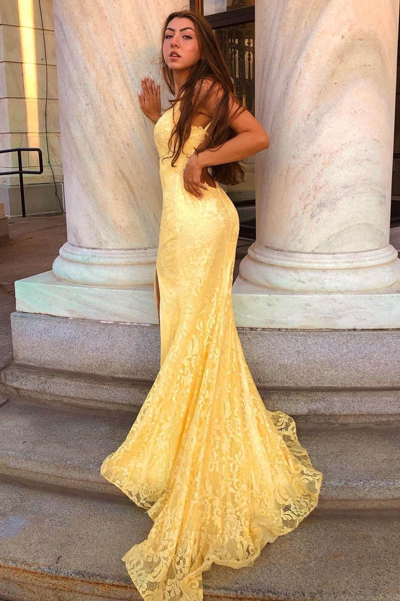 Mermaid Plunging Neck Yellow Lace Prom Dress with Slit FancyVestido Mermaid Plunging Neck Yellow Lace Prom Dress with Slit FancyVestido