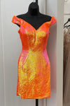 Glitter Off the Shoulder Orange Sequins Mini Party Dress