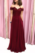 Off the Shoulder Burgundy Long Prom Dress with Lace-Up Back