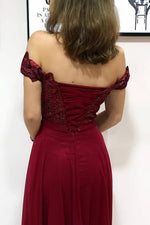 Off the Shoulder Burgundy Long Prom Dress with Lace-Up Back