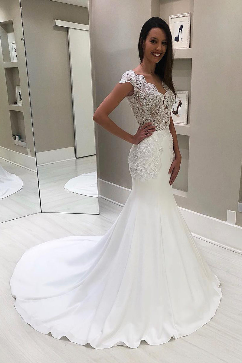 Long V-Neck Mermaid Cap Sleeves White Wedding Gown with Court Train