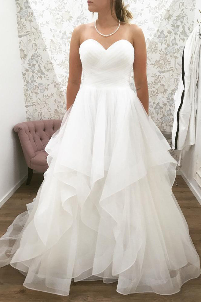 Floor Length Sweetheart A-line White Bridal Dress with Ruffles