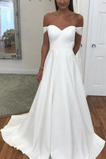 Simple Long Off the Shoulder A-line White Bridal Dress