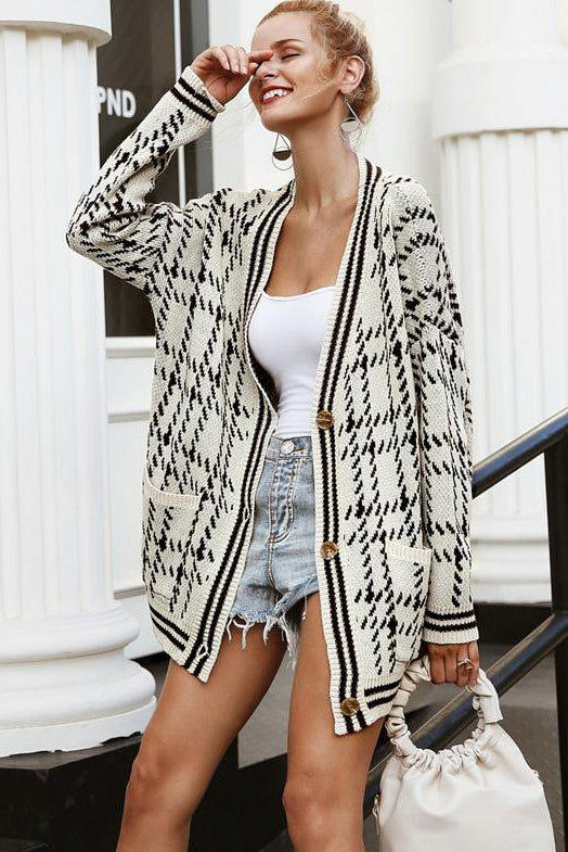Knit Gingham Cardigan with Pockets