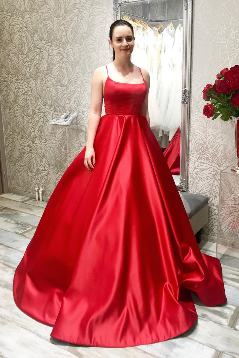 Simple Spaghetti Straps Long Satin Red Prom Dress