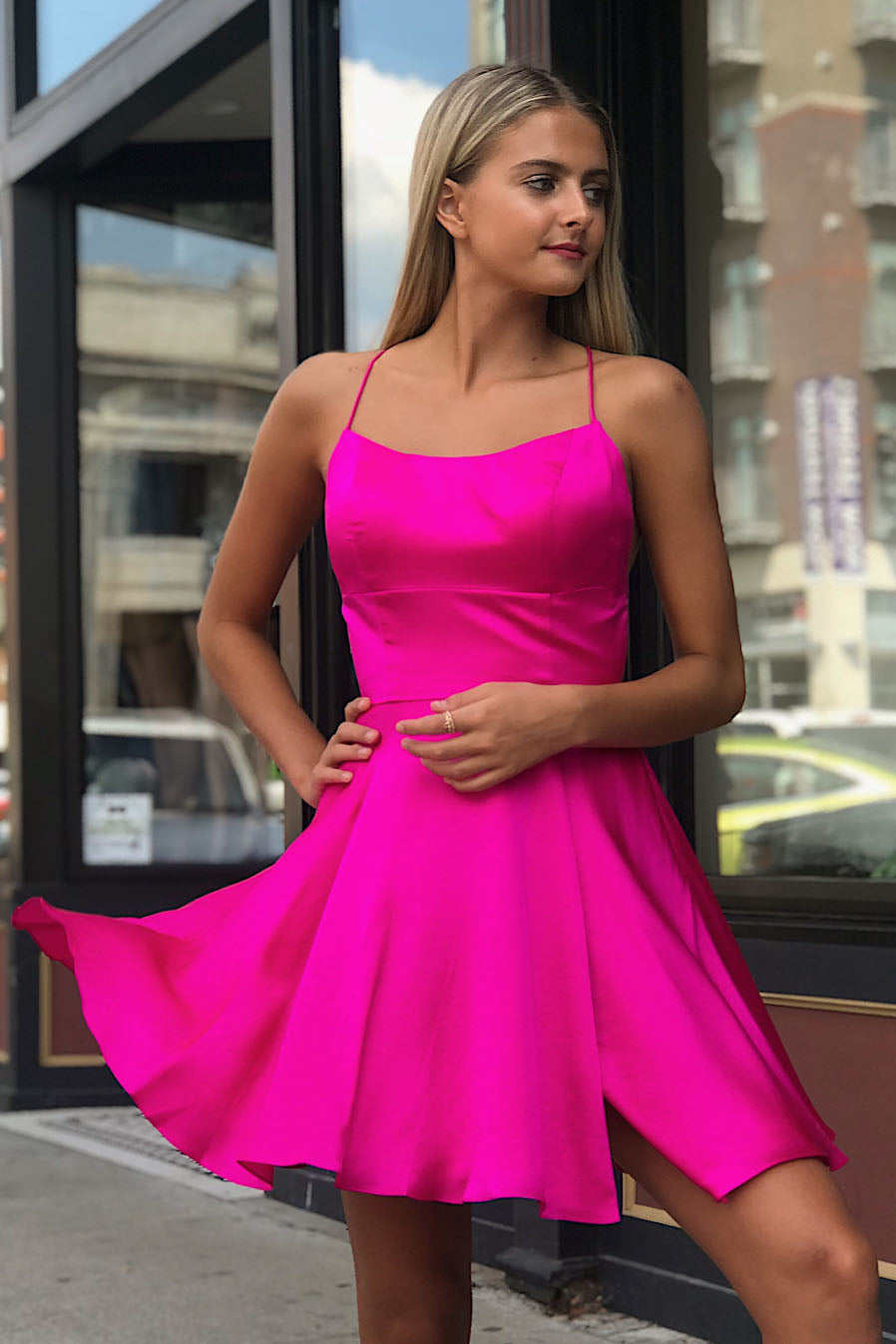 Spaghetti Straps Criss Cross Fuchsia Homecoming Dress