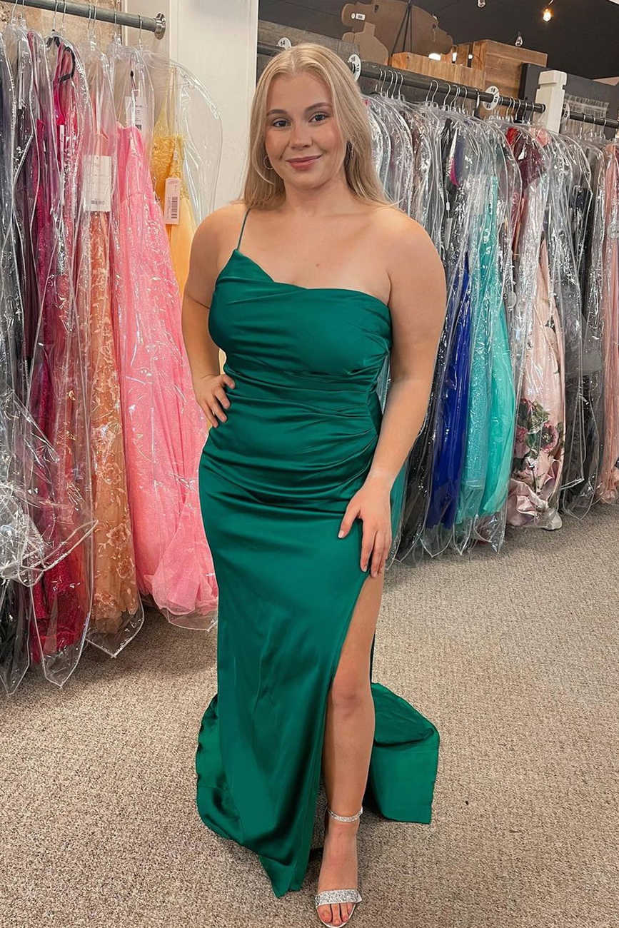 Simple Side Slit Green Satin Long Prom Dress