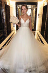 Long Spaghetti Straps A-line Empire White Wedding Dress with Beads