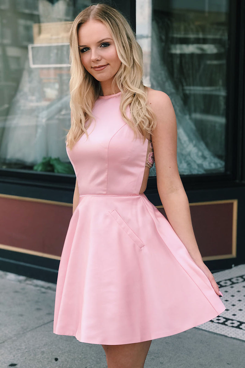 Jewel Neck Beading Pink Homecoming Dress with Beautiful Sheer Back