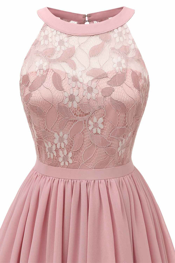 Crew Neck Lace Pink Short Party Dress