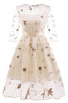 Vintage Pearl Pink Embroidery Party Dress with Illusion Sleeves