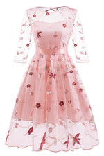 Vintage Pearl Pink Embroidery Party Dress with Illusion Sleeves