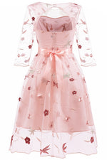 Vintage Pearl Pink Embroidery Party Dress with Illusion Sleeves