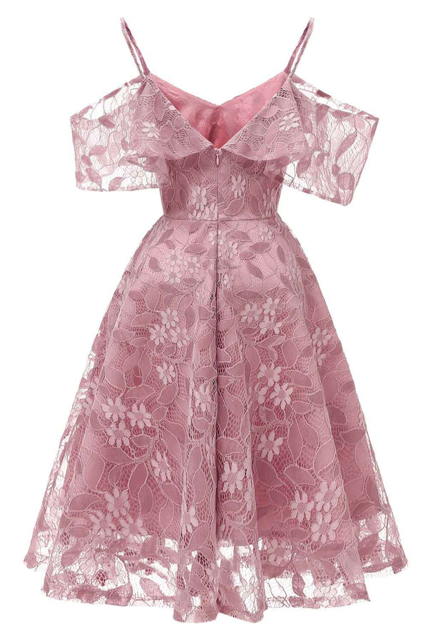 Cold Sleeves Lace Hot Pink Short Party Dress