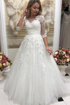 Long Half Sleeves A-line White Wedding Dress with Appliques
