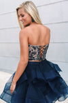 Two Piece Falbala Beading Navy Blue Homecoming Dress