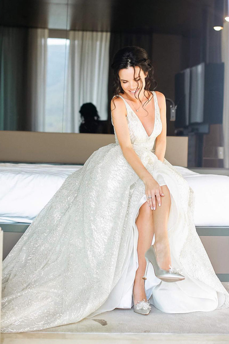 Sparkly Long V-Neck A-line White Wedding Dress with Slit
