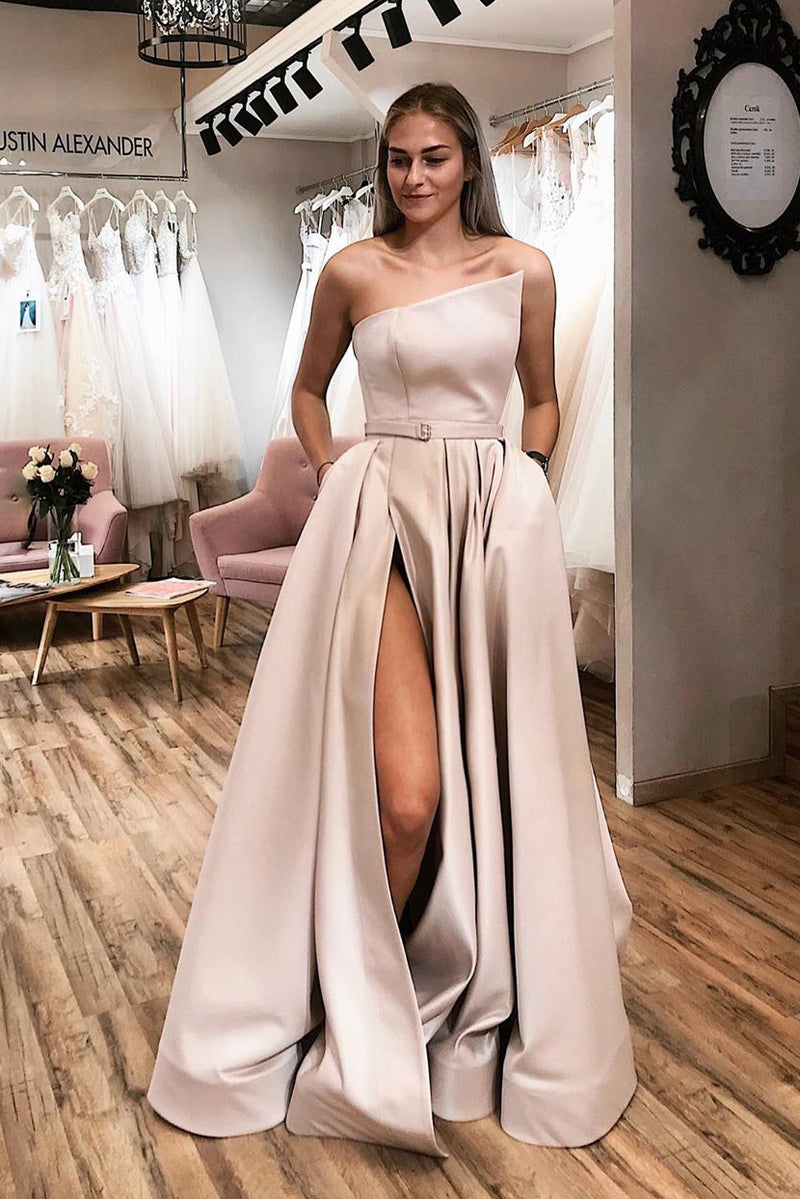 Strapless Side Slit Sky Blue Long Prom Dress with Belt