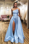 Strapless Side Slit Sky Blue Long Prom Dress with Belt