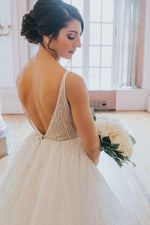 Sparkly Long V-Neck A-line White Wedding Dress with Slit