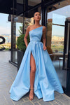 Strapless Side Slit Sky Blue Long Prom Dress with Belt