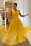 Plunging Neck Yellow Tulle Prom Dress
