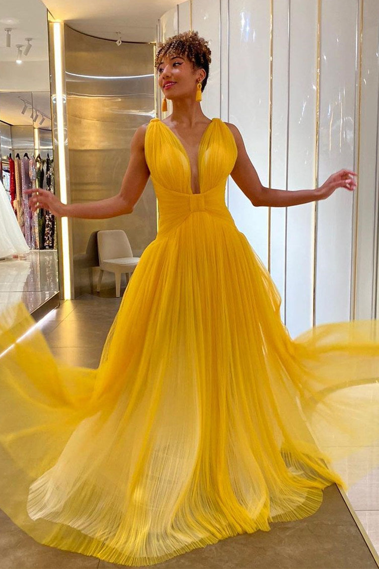 gold tulle prom dress Gold Deep V-neck Prom Dresses Tulle Formal Dresses ARD2325