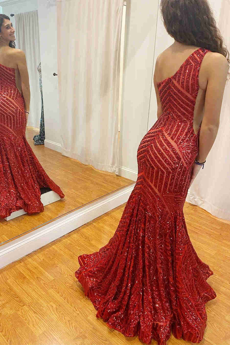 Mermaid One Shoulder Red Long Prom Dress