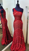 Mermaid One Shoulder Red Long Prom Dress