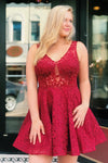 All Over Lace Red Homecoming Dress with Sheer Back