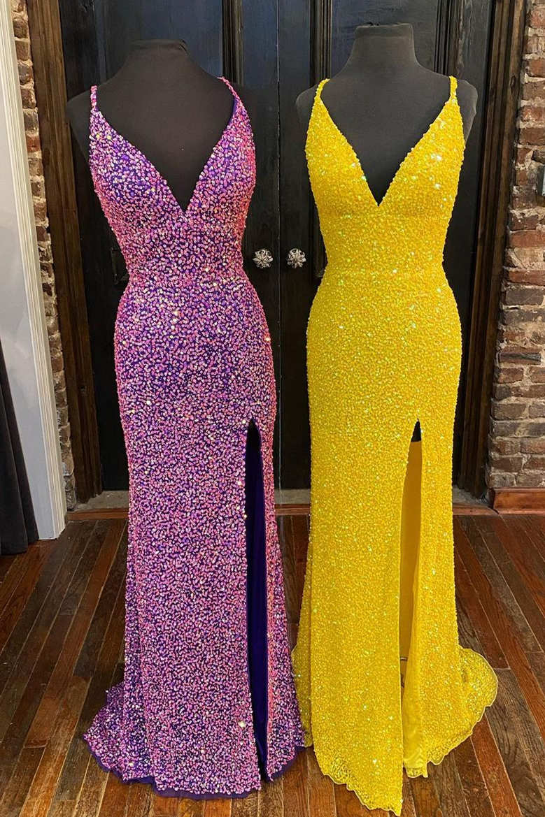 Hight Slit Yellow Sequins Halter Prom Dress – FancyVestido