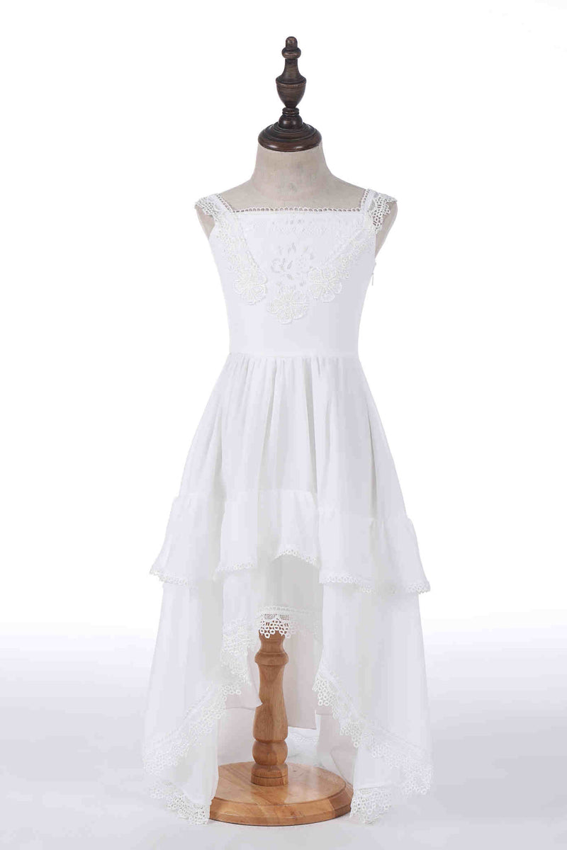 Hi-Low Lace White Chiffon Flower Girl Dress