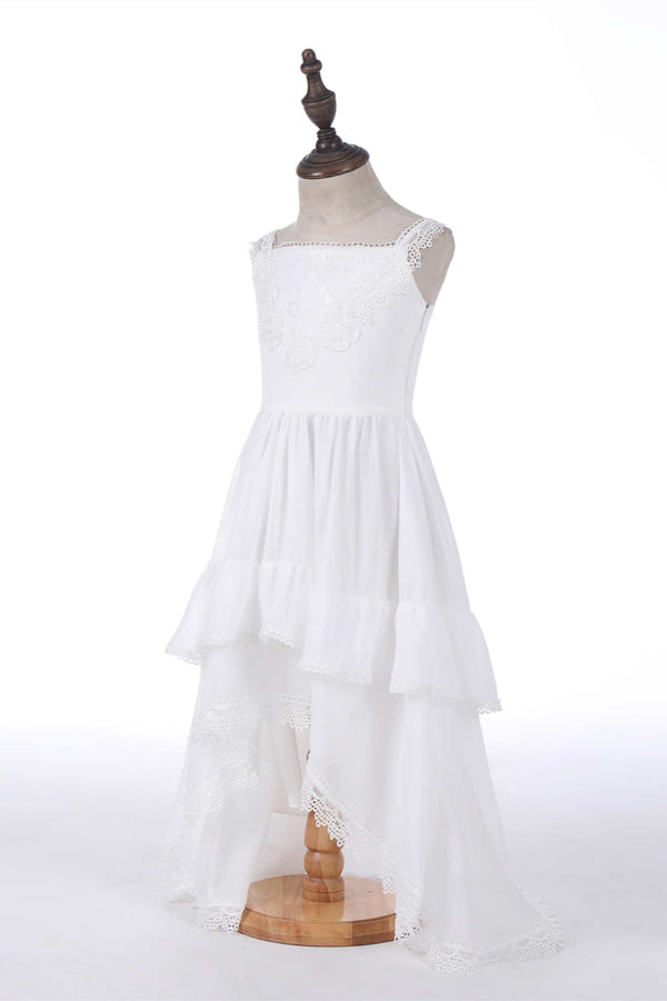 Hi-Low Lace White Chiffon Flower Girl Dress
